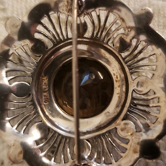 STUNNING Sterling Silver PENDANT BROOCH/PIN Smoky Quartz MARCASITE FILIGREE - Picture 5 of 6